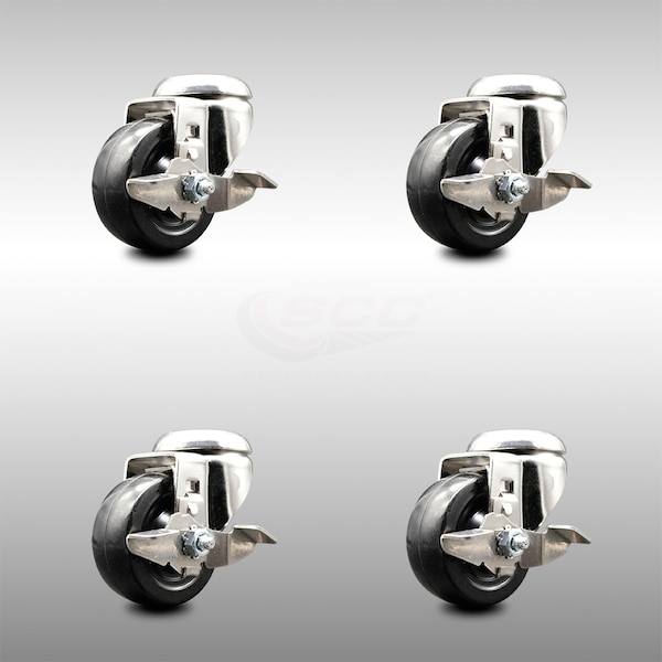 3 Inch 316SS Soft Rubber Wheel Swivel Bolt Hole Caster Set with Brake SCC